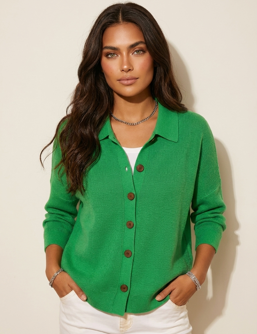 Dames gebreid vest met kraag en knoopsluiting, groen