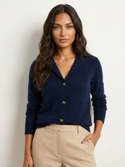 A dark blue knitted cardigan with a collar, button fastening and long sleeves
