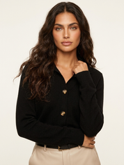 A black knitted cardigan with a collar and front buttons