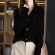 A black knitted cardigan with a collar and front buttons