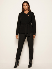 Women's Knitted Cardigan - Wrap Cardigan with Waist Belt and Buttons