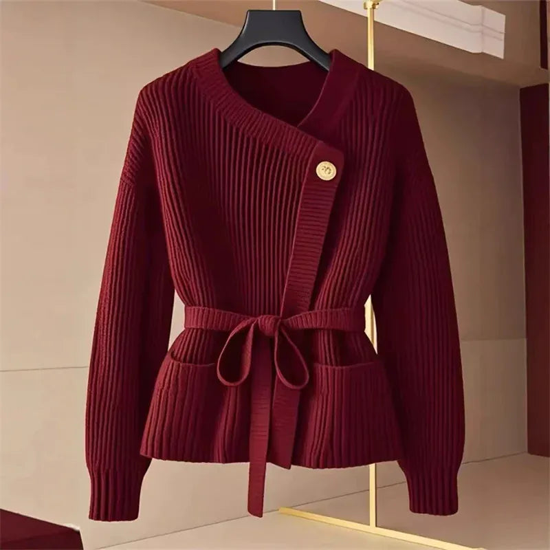 AIDA LENA Women’s Cardigan Dames Gebreid Vest – Overslag Vest met Tailleceintuur en Knopen