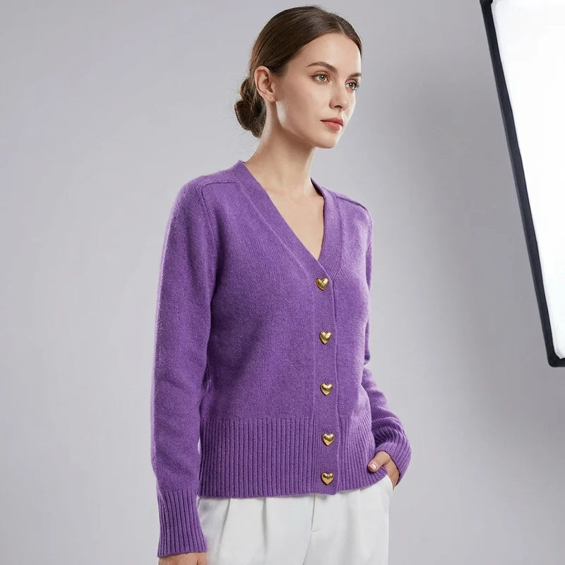 Dames Gebreid Vest – V-Hals met Hartvormige Knopen Paars / S - AIDA LENA