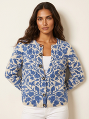 Gebreid damesvest met blauwe bladprint, knoopsluiting en lange mouwen