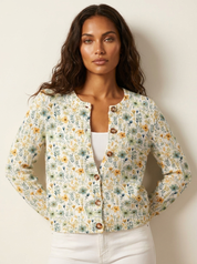 Gebreid damesvest met bloemenprint, knoopsluiting en lange mouwen