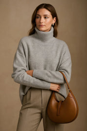 A grey women's knitted roll-neck jumper with long sleeves and a high ribbed collar