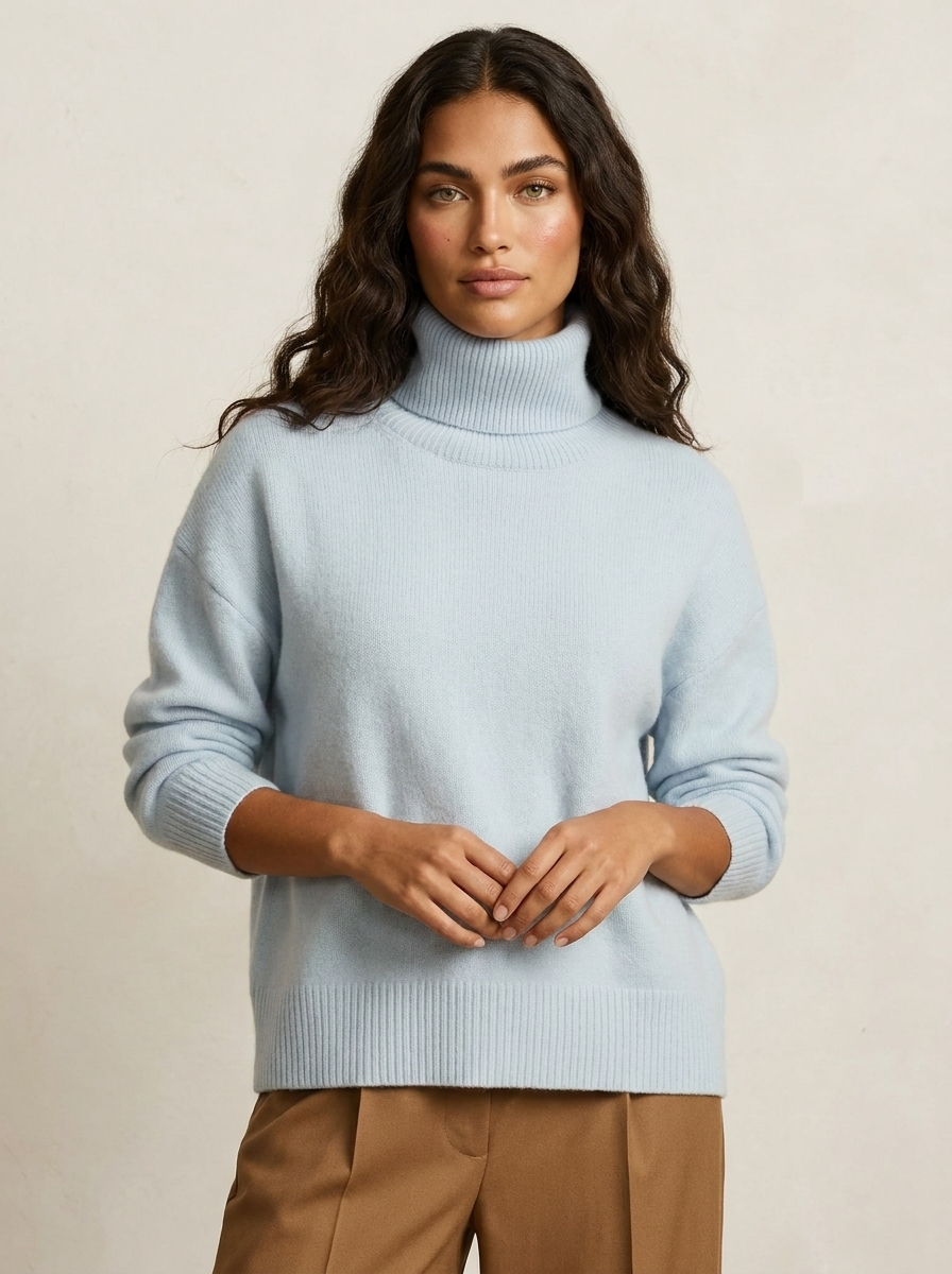 A plain light blue women's knitted roll-neck jumper with long sleeves