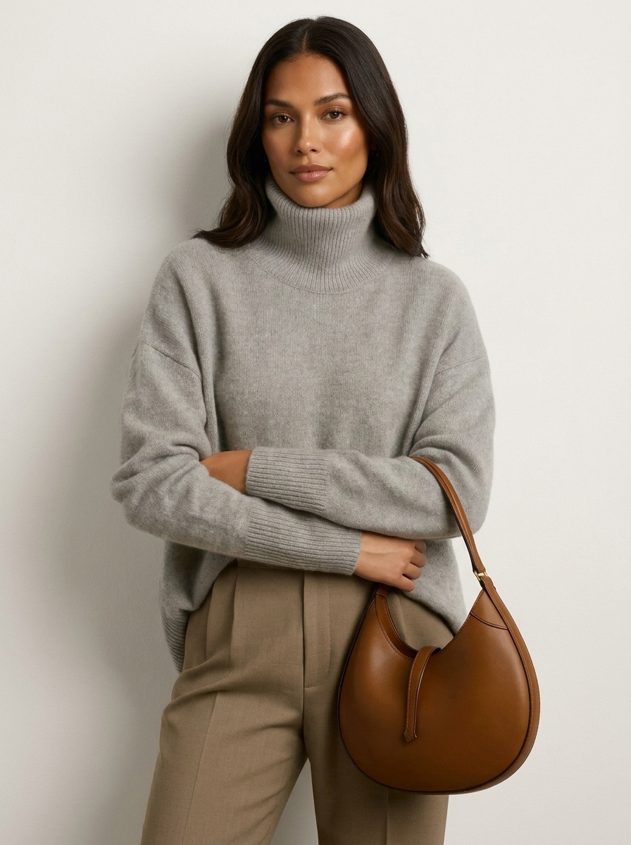 A plain grey women's knitted roll-neck jumper with long sleeves