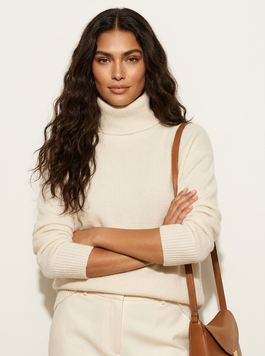 A plain cream women's knitted roll-neck jumper with long sleeves