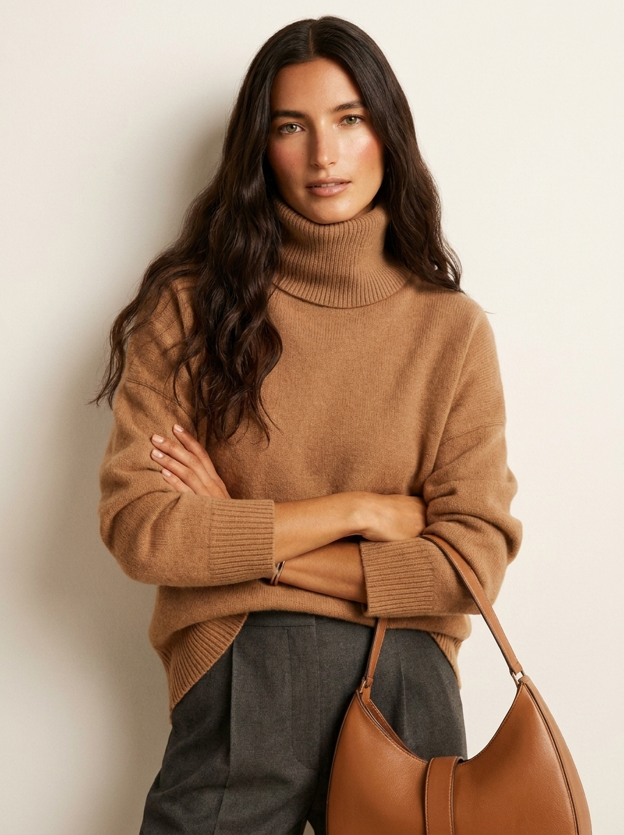 A plain camel women's knitted roll-neck jumper with long sleeves