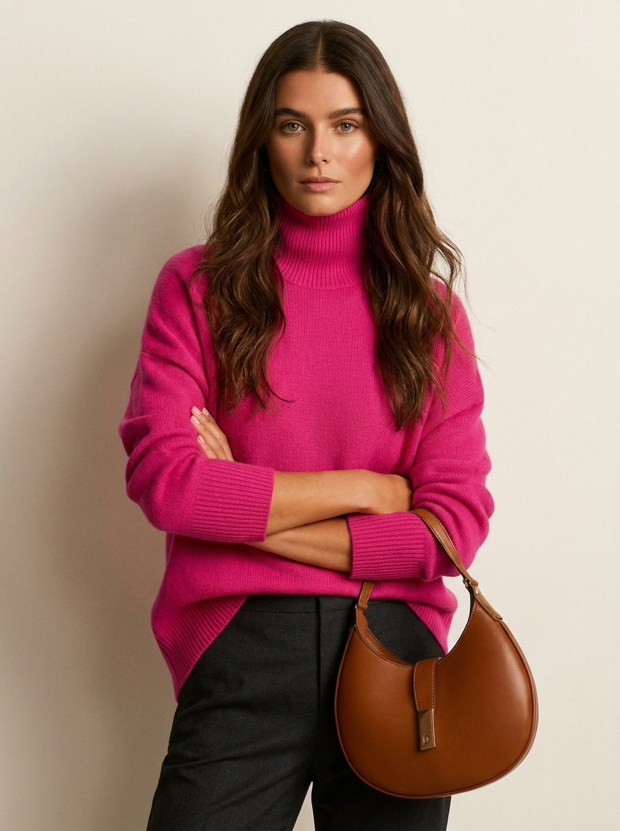 A plain fuchsia women's knitted roll-neck jumper with long sleeves