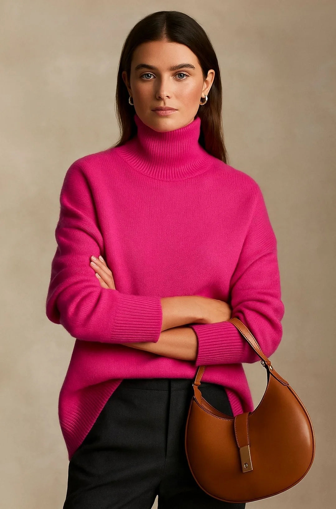 A plain bright-pink women's knitted roll-neck jumper with long sleeves