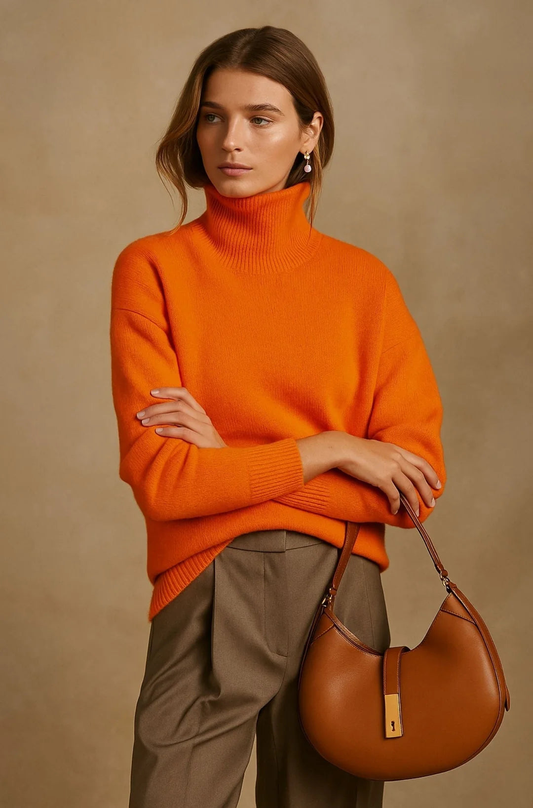 A plain orange women's knitted roll-neck jumper with long sleeves