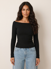 Women's Knitted Top - Fitted Top with Boat Neck and Long Sleeves