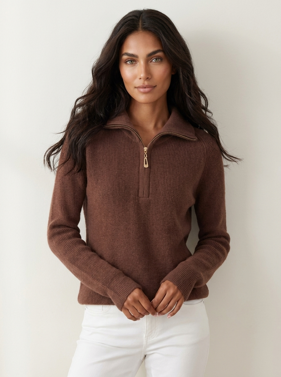 A dark brown women's knitted jumper with half-zip fastening, a stand collar and long sleeves