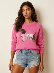 Roze dames gebreide trui met teckelprint en lange mouwen