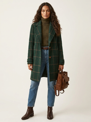 Women's Checked Long Coat - Classic Coat with Buttons and Long Sleeves