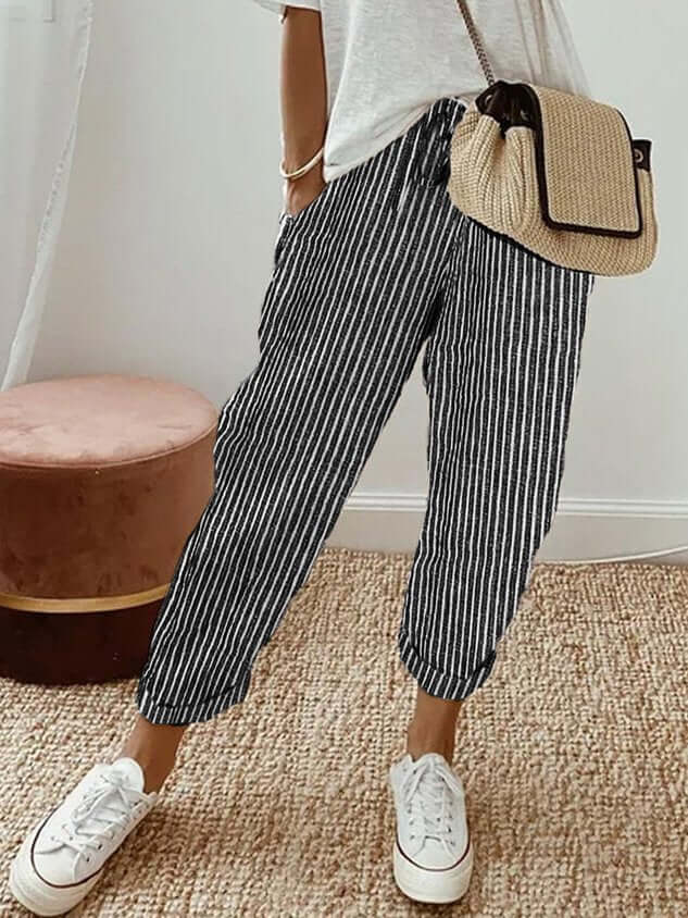 AIDA LENA Women’s trousers Dames Gestreepte Broek – Casual Losvallende Broek met Elastische Taille