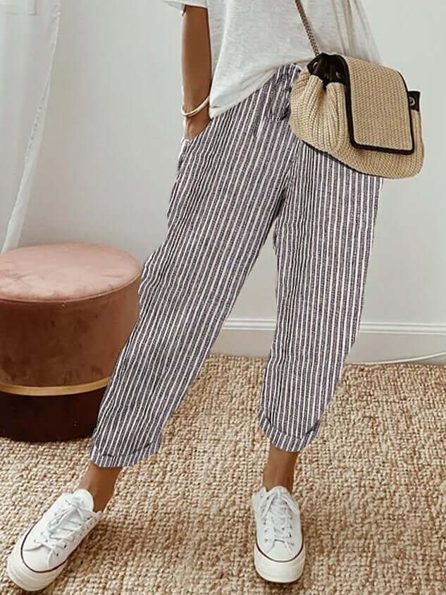 AIDA LENA Women’s trousers Dames Gestreepte Broek – Casual Losvallende Broek met Elastische Taille