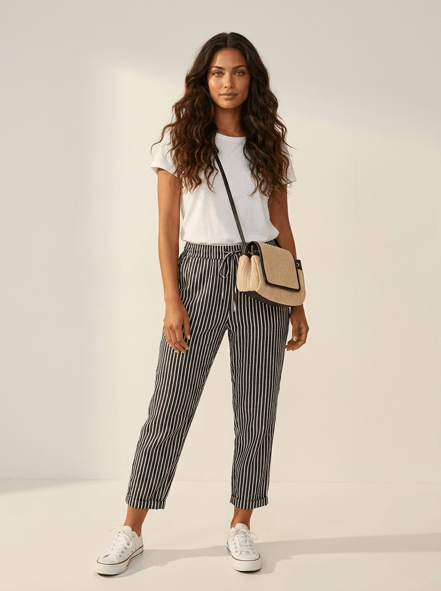AIDA LENA Women’s trousers Dames Gestreepte Broek – Casual Losvallende Broek met Elastische Taille