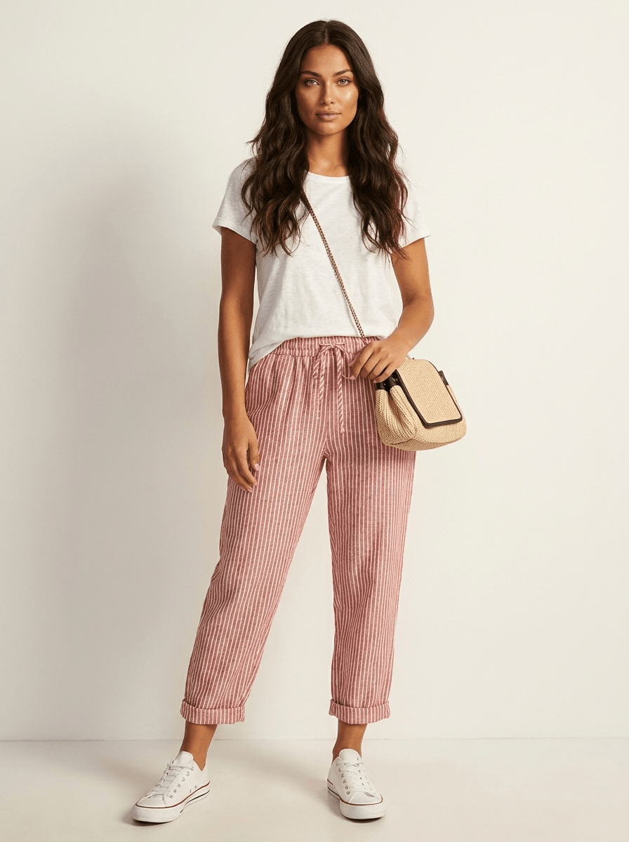 AIDA LENA Women’s trousers Dames Gestreepte Broek – Casual Losvallende Broek met Elastische Taille