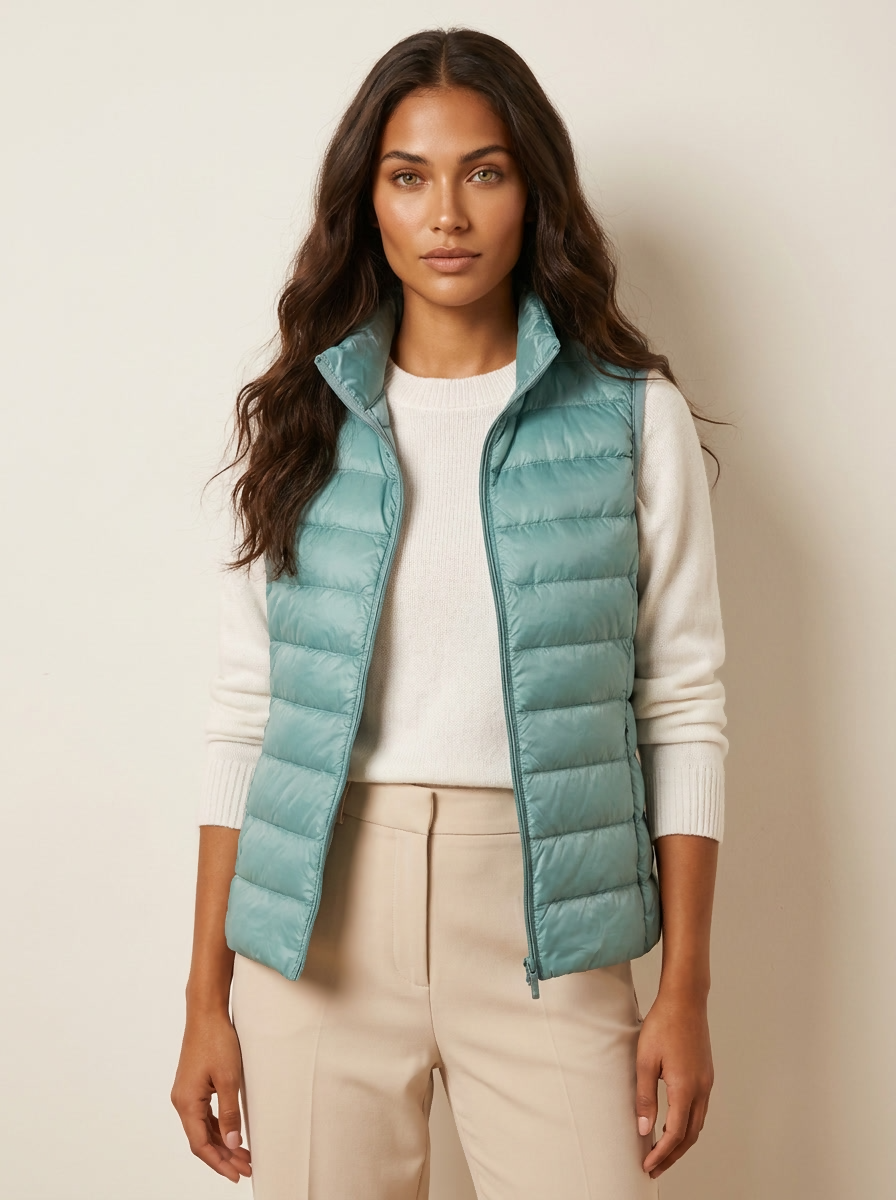 A light blue/turquoise padded women's gilet with a high collar and zip