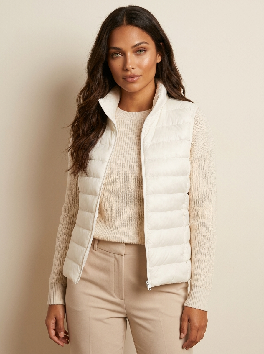 A white padded women's gilet with a high collar and zip