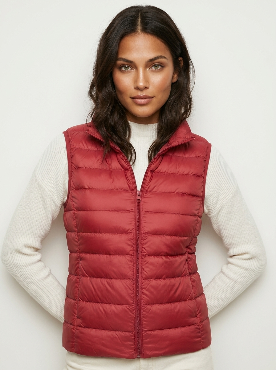 A red padded women's gilet with a high collar and zip