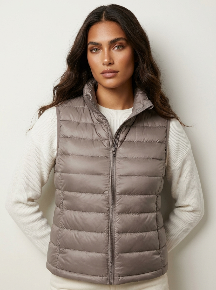 A taupe padded gilet with a high collar and zip