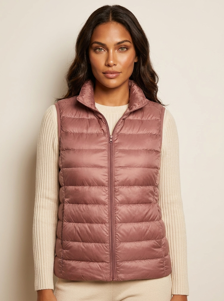 A rose-pink padded women's gilet with a high collar and zip