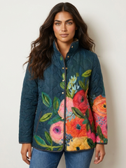 Padded women's jacket with floral print and stand-up collar