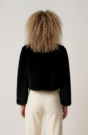 A cropped black women's furry jacket with an open front, rear view