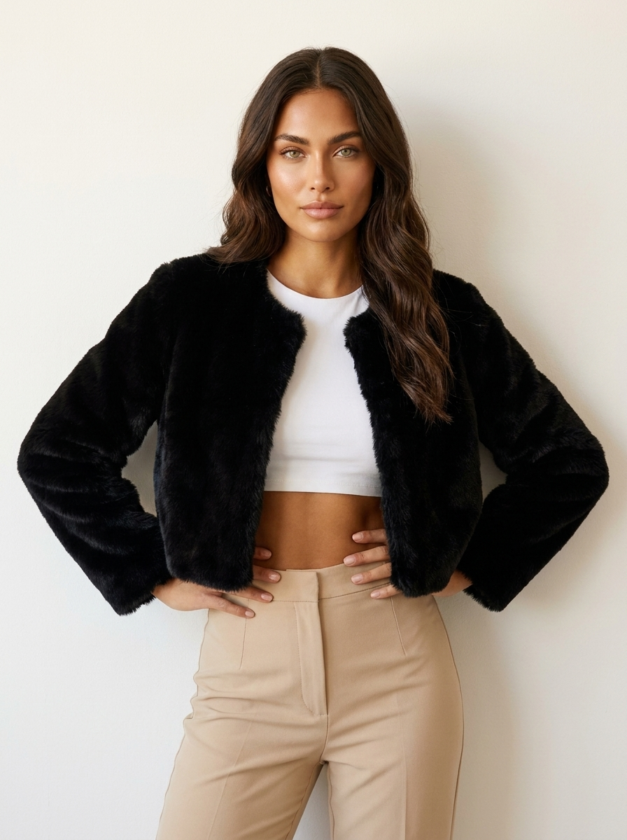 A cropped black women's furry jacket with an open front, front view