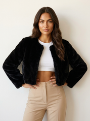 A cropped black women's furry jacket with an open front, front view