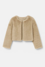 A cropped beige women's furry jacket with an open front, front panel visible