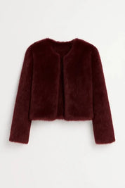 A cropped burgundy furry jacket, close-up of the front and sleeves
