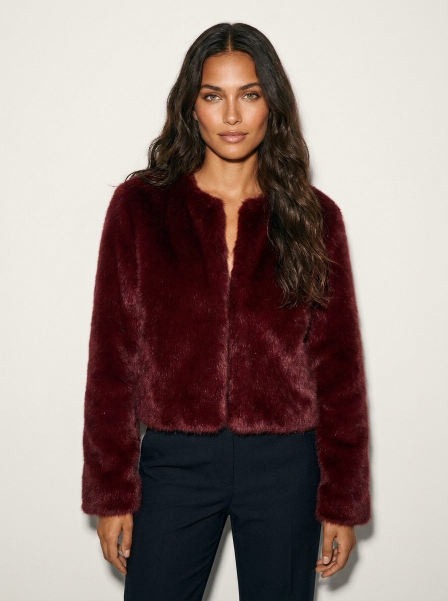 A cropped burgundy furry jacket with a V-neck and open front