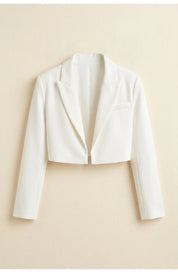 A cropped white blazer with long sleeves and a V-shaped back, rear view