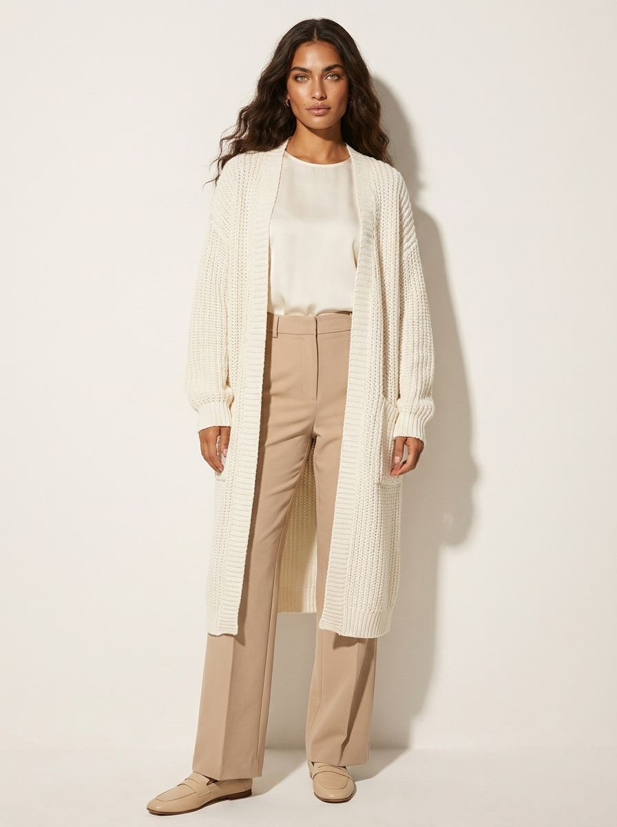 Dames Lang Gebreid Vest – Oversized met Ballonmouwen en Zakken Khaki / S - AIDA LENA