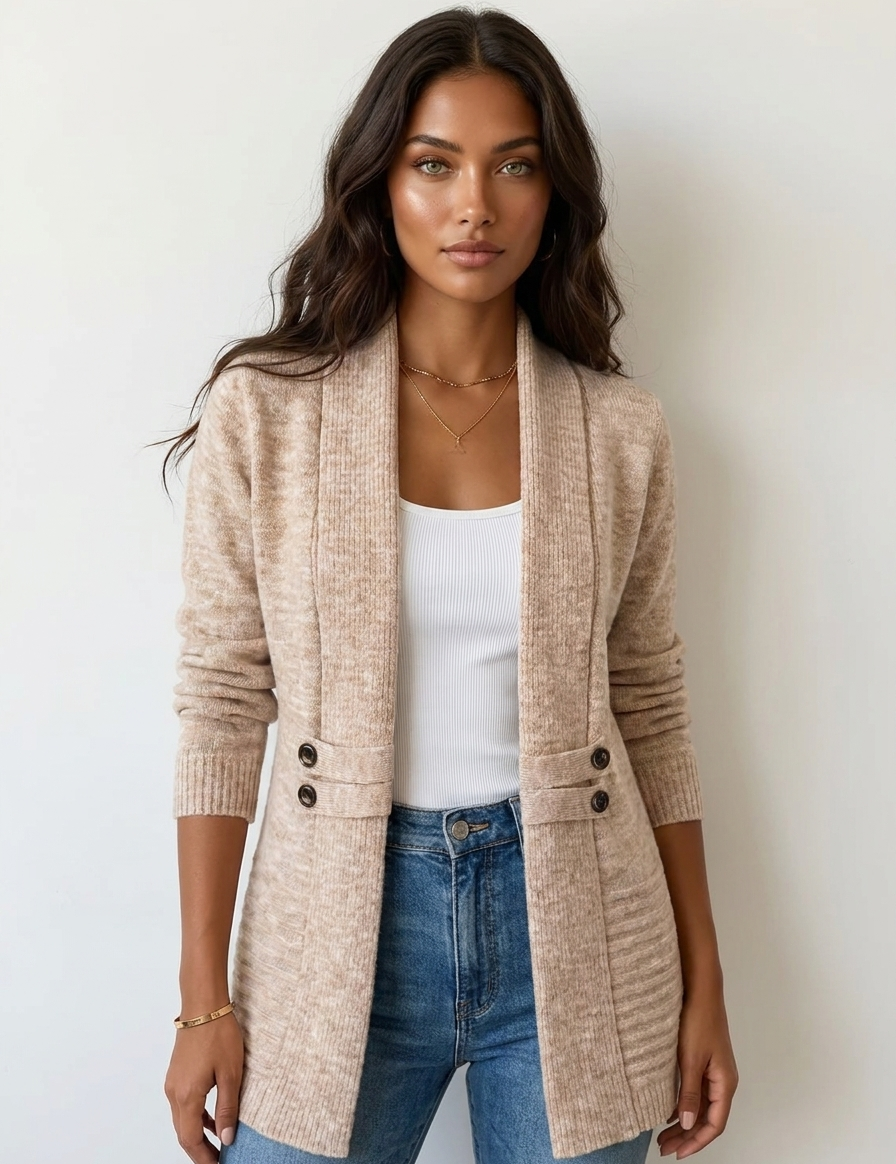 Beige lang gebreid damesvest met open voorpand en knoopdetails, lange mouwen.