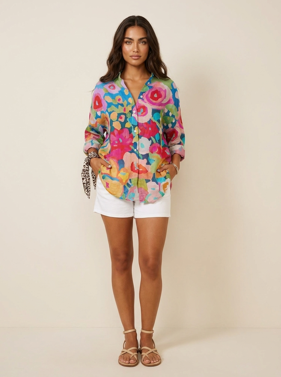Women's Long Blouse – Colorful Blouse with Floral Print and Buttons