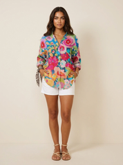 Women's Long Blouse – Colorful Blouse with Floral Print and Buttons