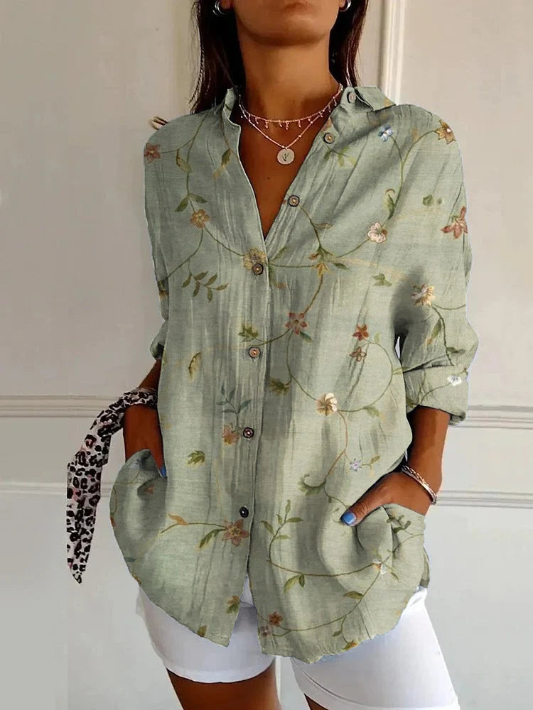 Women's Long Blouse – Colorful Blouse with Floral Print and Buttons