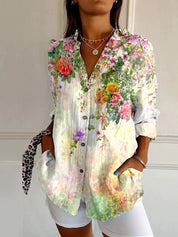 Women's Long Blouse – Colorful Blouse with Floral Print and Buttons