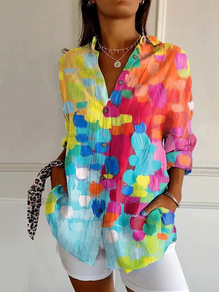 Women's Long Blouse – Colorful Blouse with Floral Print and Buttons