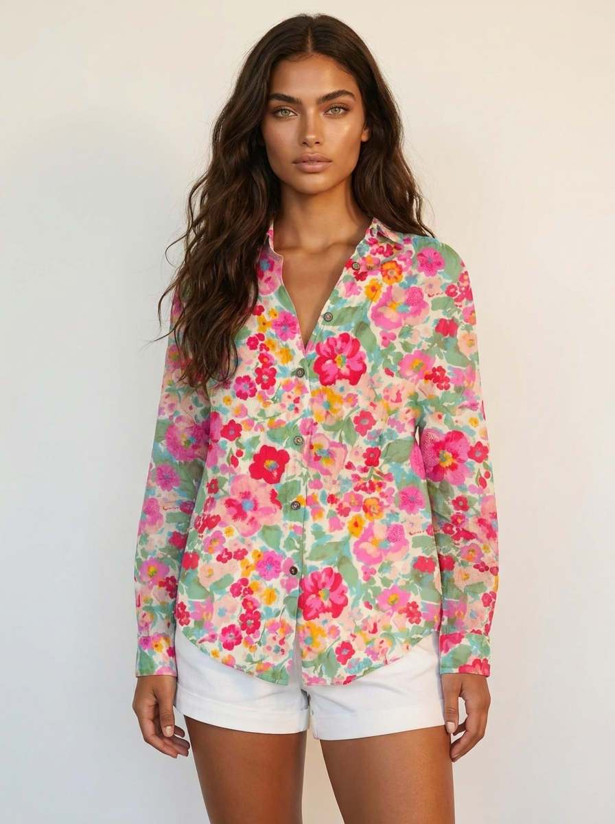 Women's Long Blouse – Colorful Blouse with Floral Print and Buttons