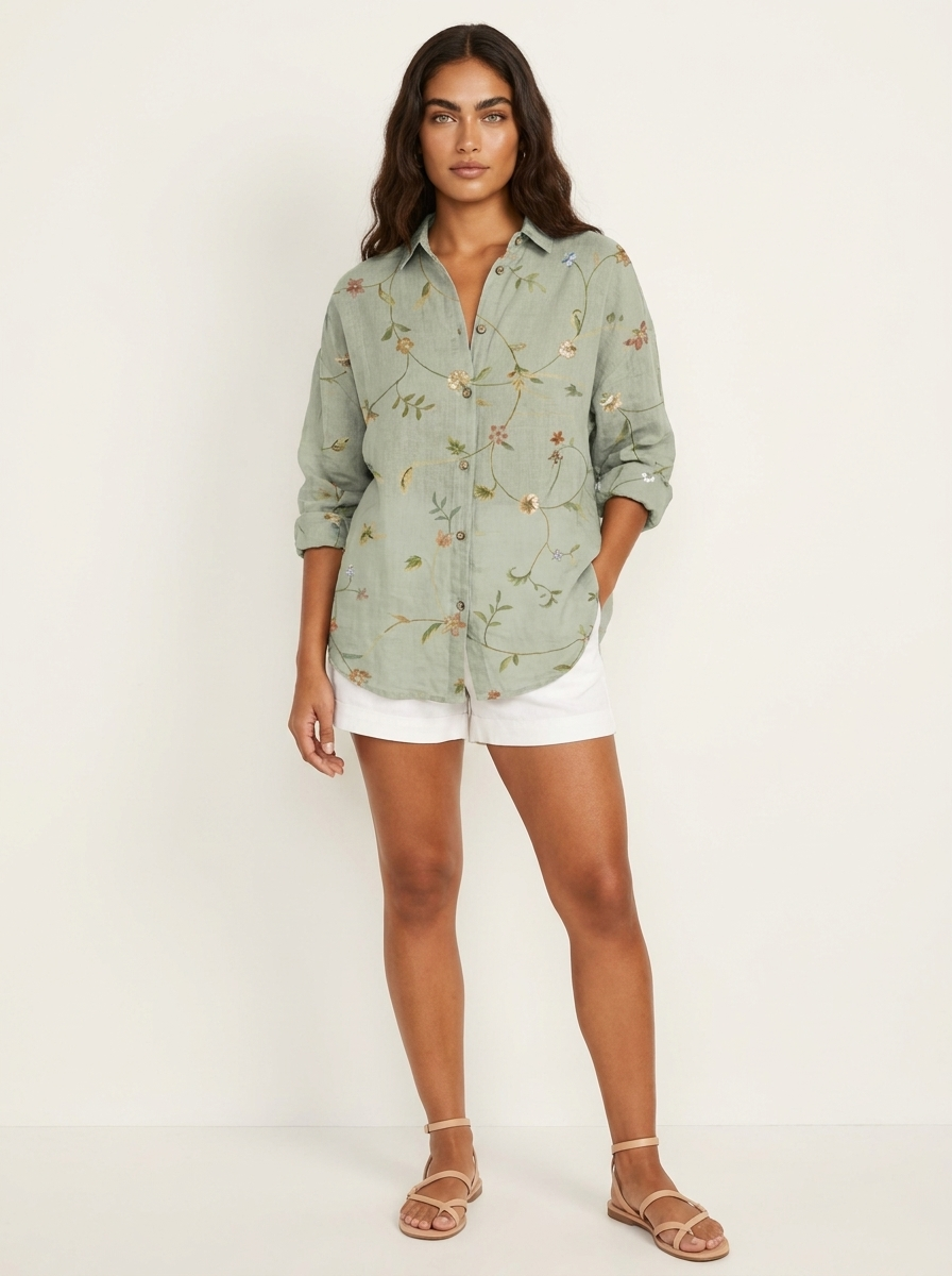 Women's Long Blouse – Colorful Blouse with Floral Print and Buttons