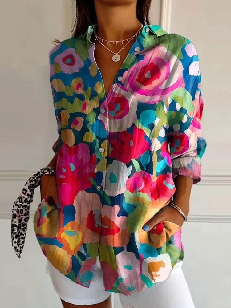 Women's Long Blouse – Colorful Blouse with Floral Print and Buttons