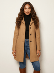 Women's Long Coat - Solid-Coloured Coat with Button Closure and Side Pockets
