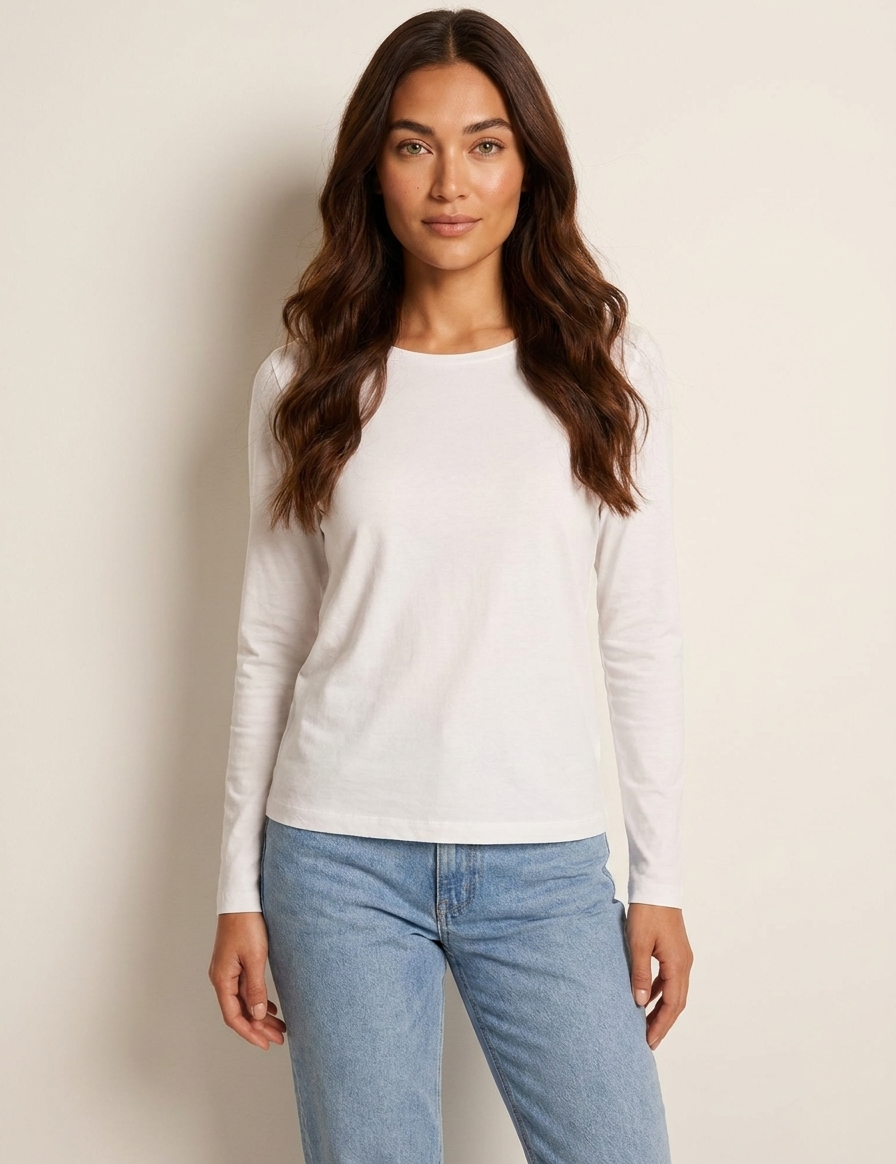 Dames longsleeve met ronde hals en lange mouwen, effen wit